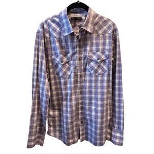 Banana Republic Men’s Plaid Snap Button Shirt Purple Size Medium 15–15.5